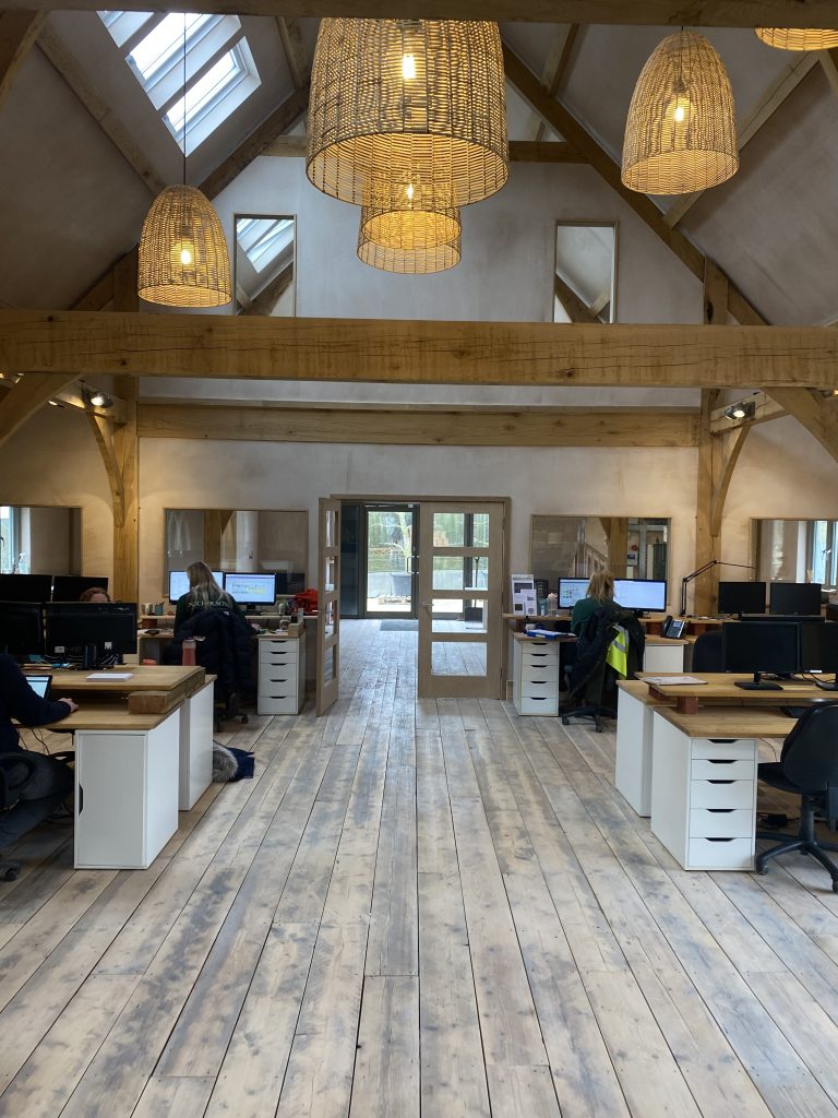 Room above garages, green oak timber frame office view