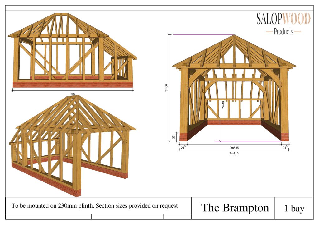 Drawing of The Brampton 1 bay oak timber framed garage