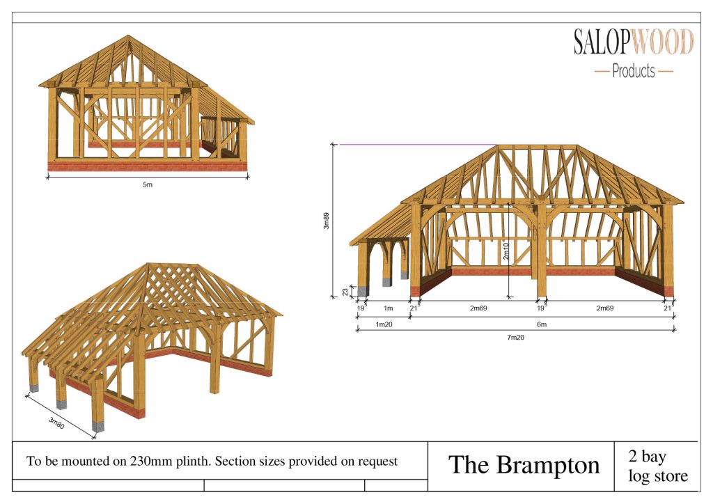 Drawing of The Brampton 2 bay oak timber framed garage with log storage