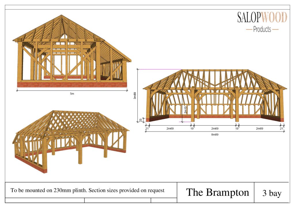 Drawing of The Brampton 3 bay oak timber framed garage