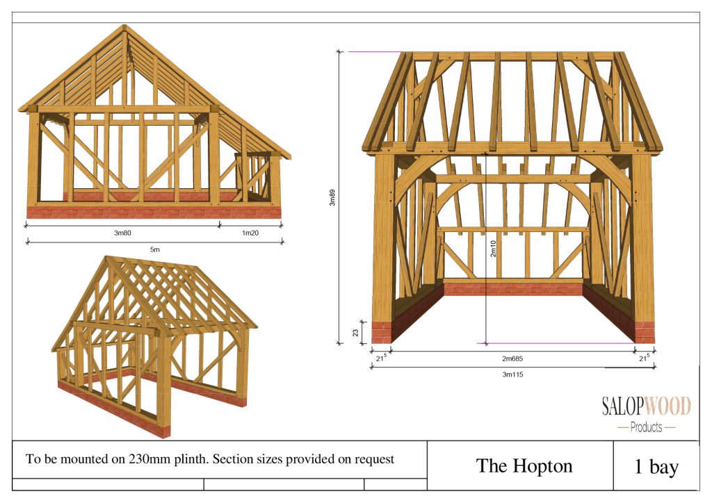 Drawing of The Hopton 1 bay oak timber framed garage