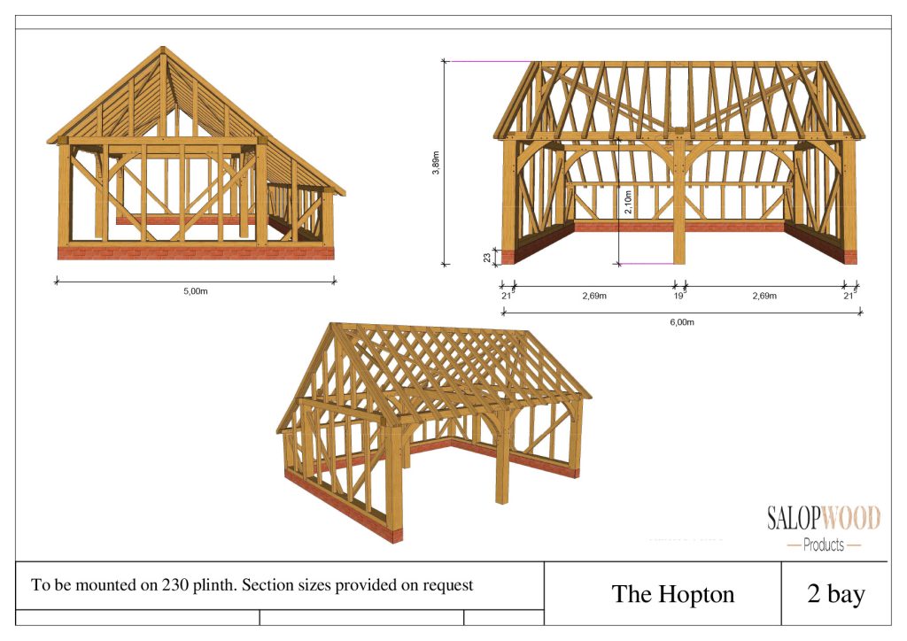 Drawing of The Hopton 2 bay oak timber framed garage