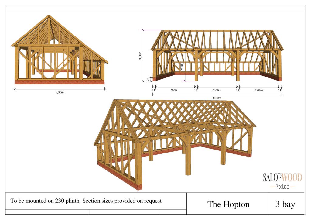 Drawing of The Hopton 3 bay oak timber framed garage