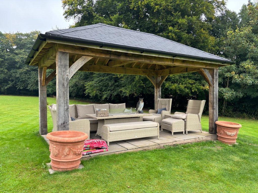 roofed gazebo in garden viewed from the front